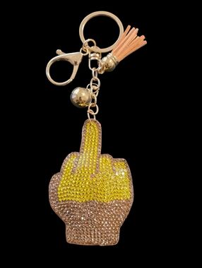 Yellow and Gold Rhinestone Middle Finger Bag Charm Keychain with Tassel